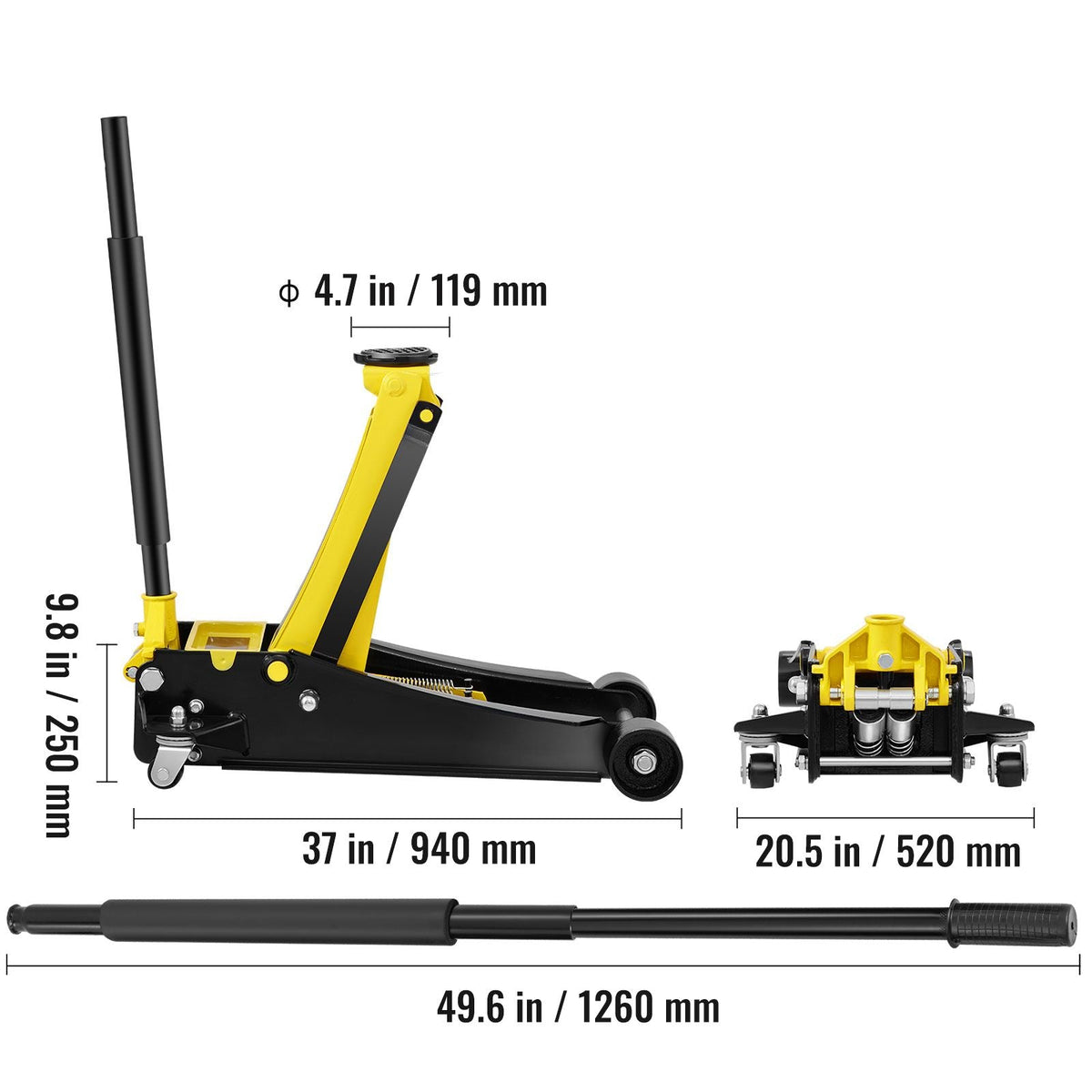 Floor Jack, 4 Ton Low Profile Floor Jack, Heavy-duty Steel Racing Floor Jack with Dual Pistons Quick Lift Pump, Floor Jack Lifting Range 3.35"-19.69"