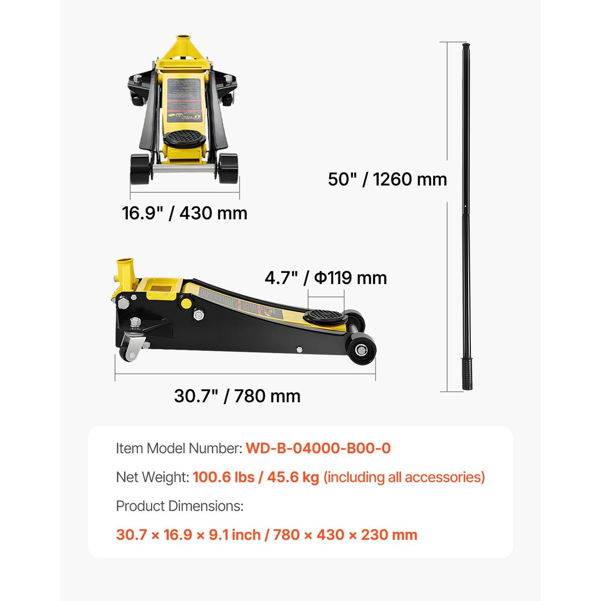 Floor Jack, 4 Ton Low Profile Floor Jack, Heavy-duty Steel Racing Floor Jack with Dual Pistons Quick Lift Pump, Floor Jack Lifting Range 3.35"-19.69"