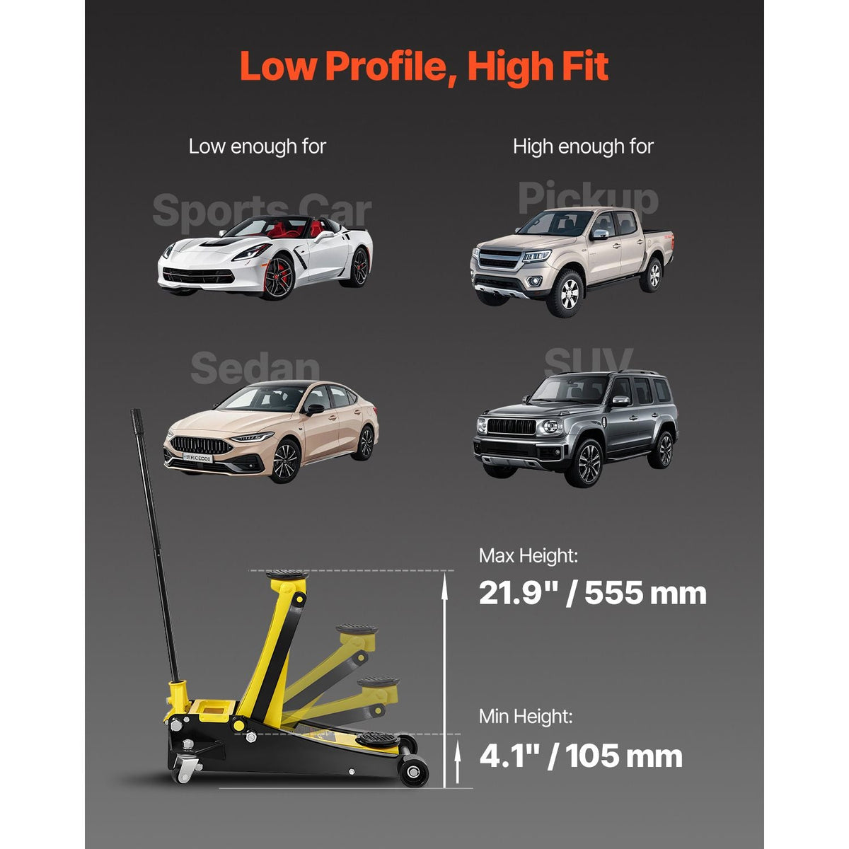 Floor Jack, 4 Ton Low Profile Floor Jack, Heavy-duty Steel Racing Floor Jack with Dual Pistons Quick Lift Pump, Floor Jack Lifting Range 3.35"-19.69"