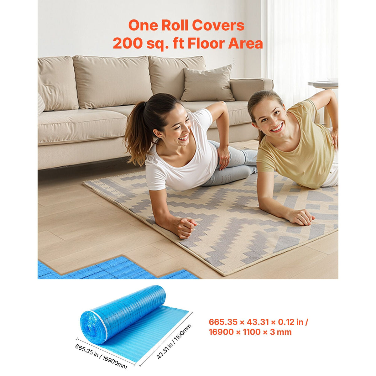 Floor Underlayment 200 sq. ft/Roll, 3-in-1 3 mm Thick Flooring Padding with Tape & Vapor Barrier, Heavy Duty EPE Foam with Blue PE, Soundproofing and Noise Reduction,for Laminate Wood Floors