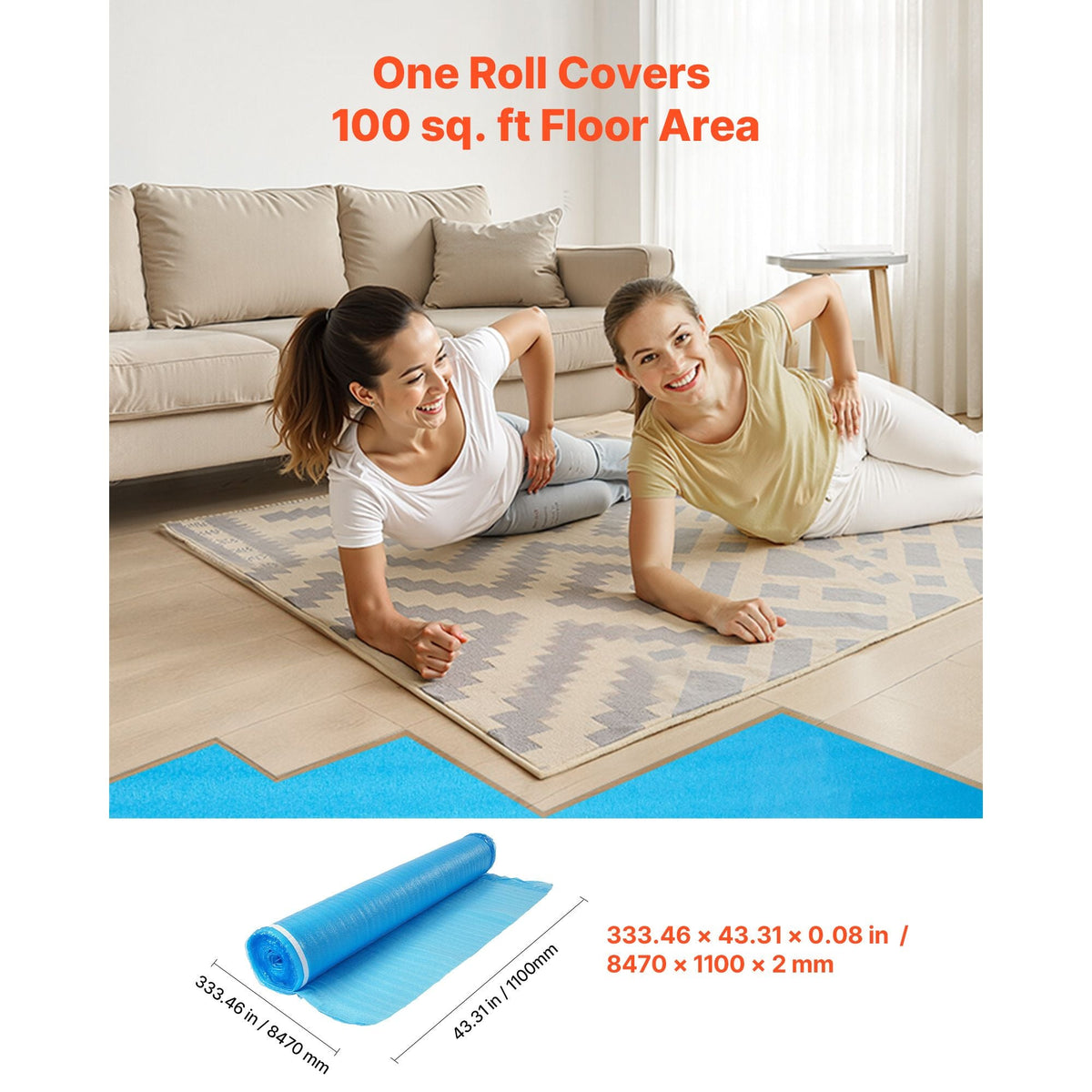 Floor Underlayment 300 sq. ft, 3-in-1 3 mm Thick Flooring Padding with Tape & Vapor Barrier, Heavy Duty EPE Foam Soundproofing & Noise Reduction, for Laminate Wood (3 Rolls x 100 sq. ft)