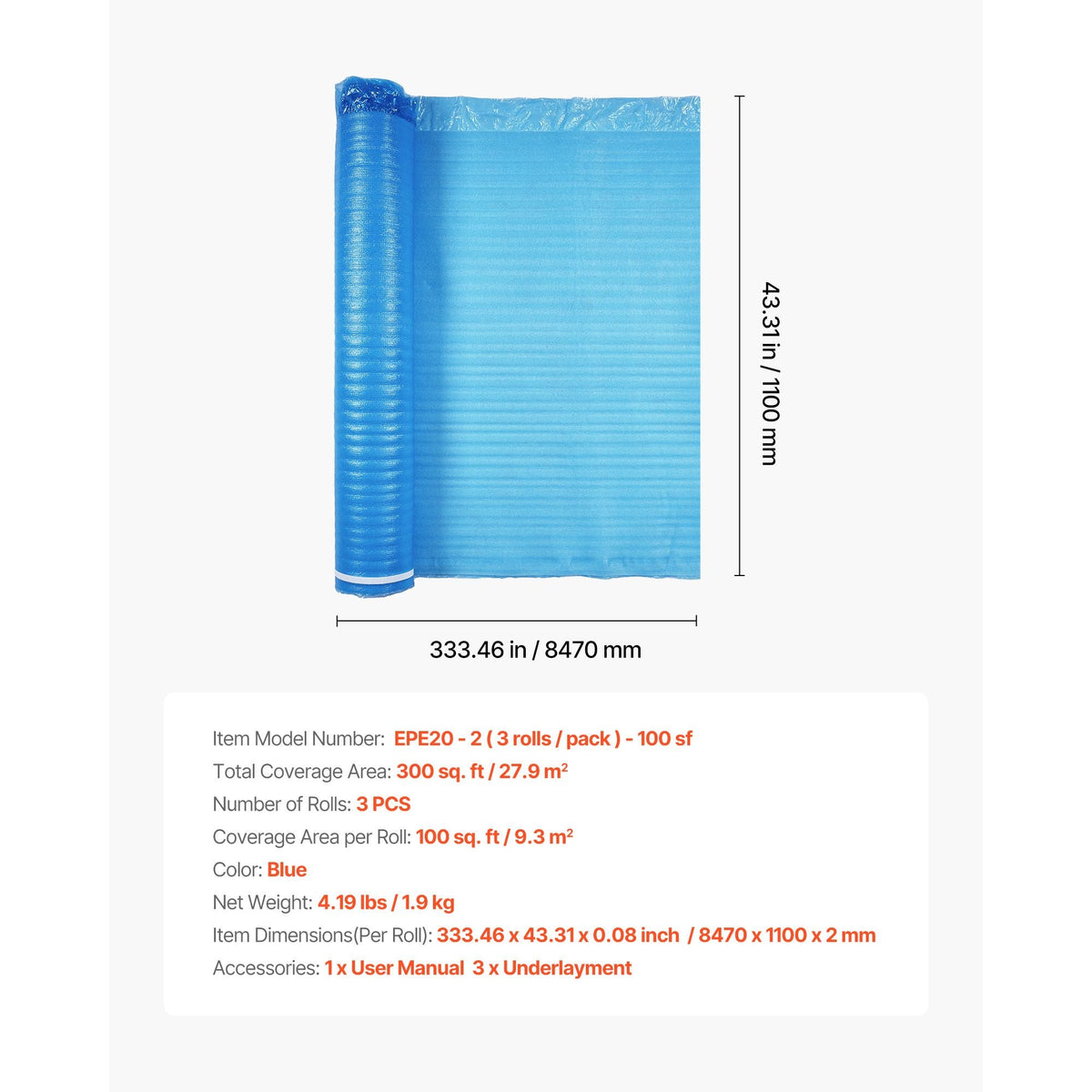 Floor Underlayment 300 sq. ft, 3-in-1 3 mm Thick Flooring Padding with Tape & Vapor Barrier, Heavy Duty EPE Foam Soundproofing & Noise Reduction, for Laminate Wood (3 Rolls x 100 sq. ft)