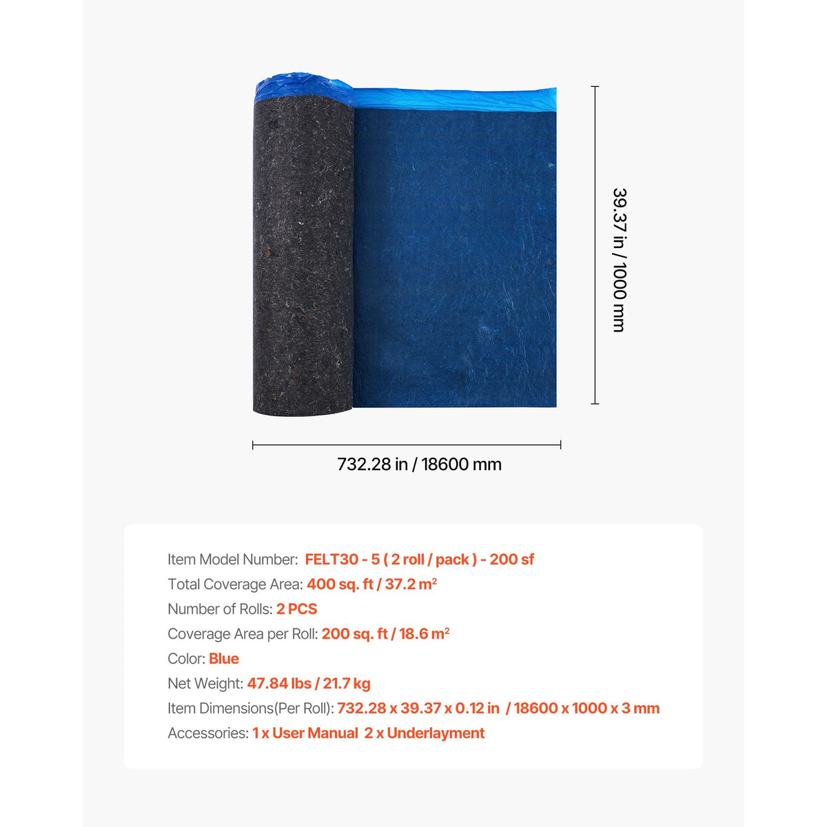 Floor Underlayment 400 sq. ft, 3mm Laminate Flooring Padding with Attached Vapor Barrier, Heavy Duty Fiber+PE Film, Soundproofing & Noise Reduction for Vinyl & Wood(2 Rolls x 200 sq. ft)