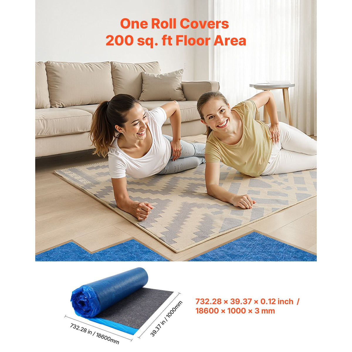 Floor Underlayment 400 sq. ft, 3mm Laminate Flooring Padding with Attached Vapor Barrier, Heavy Duty Fiber+PE Film, Soundproofing & Noise Reduction for Vinyl & Wood(2 Rolls x 200 sq. ft)