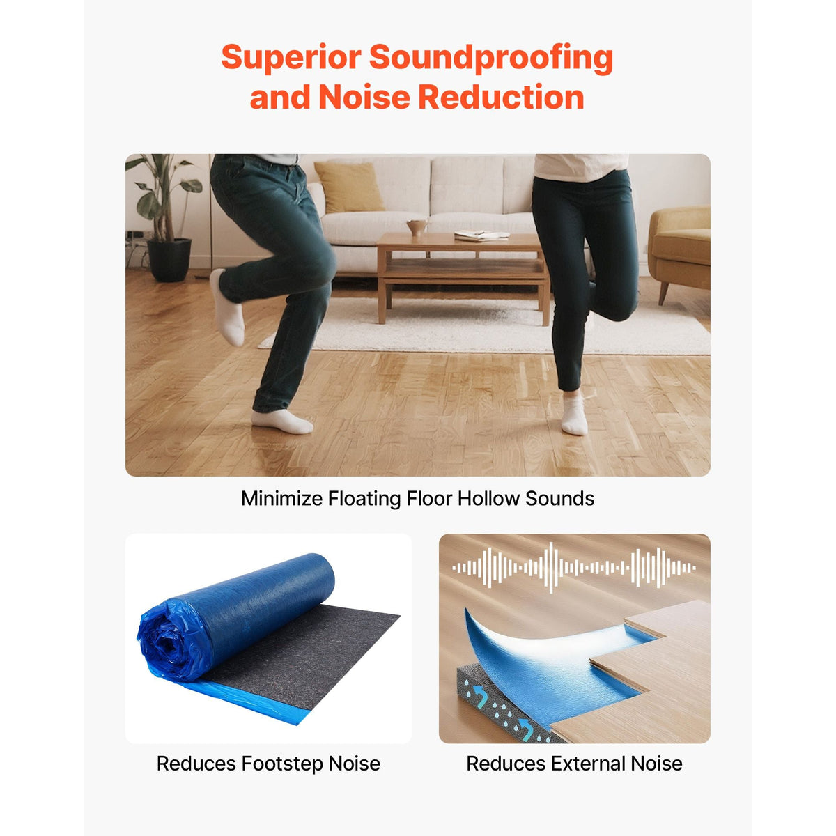 Floor Underlayment 400 sq. ft, 3mm Laminate Flooring Padding with Attached Vapor Barrier, Heavy Duty Fiber+PE Film, Soundproofing & Noise Reduction for Vinyl & Wood(2 Rolls x 200 sq. ft)