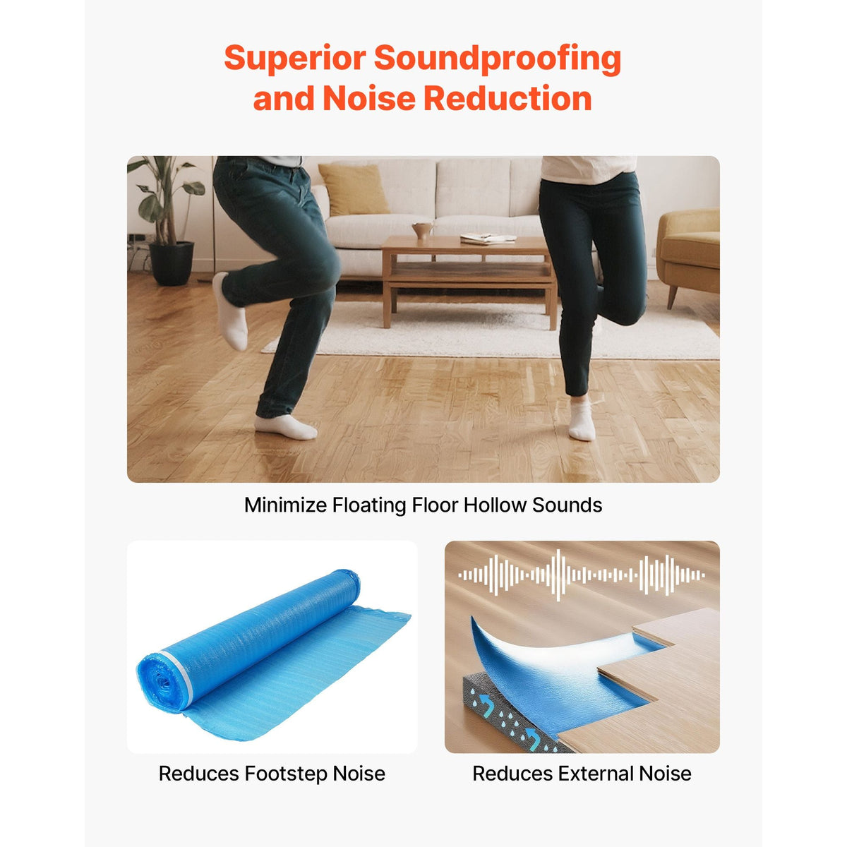 Floor Underlayment 600 sq. ft, 3-in-1 2 mm Thick Flooring Padding with Tape & Vapor Barrier, Heavy Duty EPE Foam Soundproofing & Noise Reduction, for Laminate Wood (6 Rolls x 100 sq. ft)
