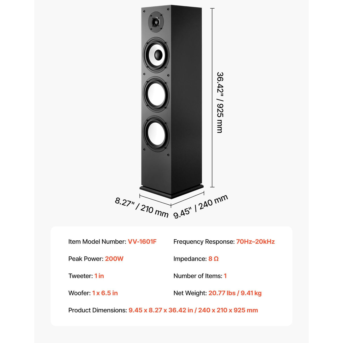 Floorstanding Speaker, 2-Way, Floor-Standing Tower Speaker with 1-Inch Tweeter, 6.5-Inch Woofer, 200W Peak Power, 70Hz–20kHz Frequency Response, Durable MDF Enclosure, for Home Audio, Single