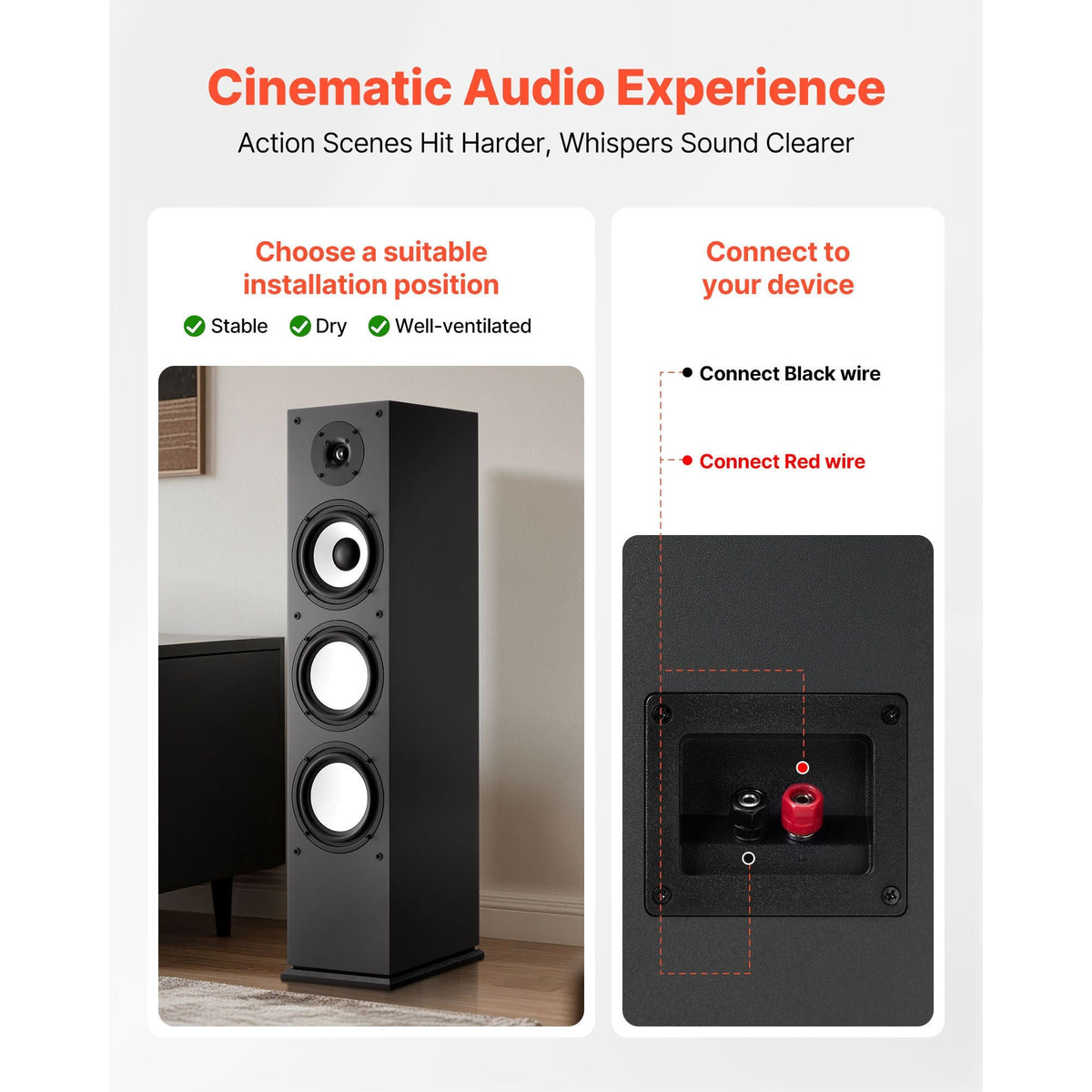 Floorstanding Speaker, 2-Way, Floor-Standing Tower Speaker with 1-Inch Tweeter, 6.5-Inch Woofer, 200W Peak Power, 70Hz–20kHz Frequency Response, Durable MDF Enclosure, for Home Audio, Single