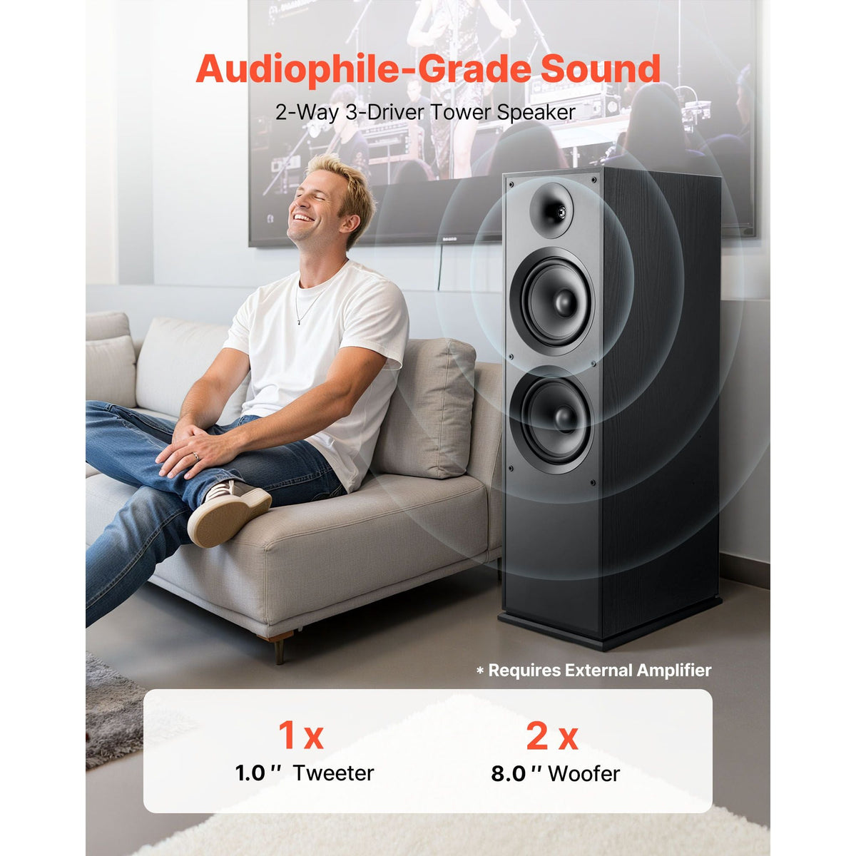 Floorstanding Speaker, 2-Way, Floor-Standing Tower Speaker with 1-Inch Tweeter, Dual 8-Inch Woofers, 600W Peak Power, 50Hz–20kHz Frequency Response, Durable MDF Enclosure, for Home Audio, Single