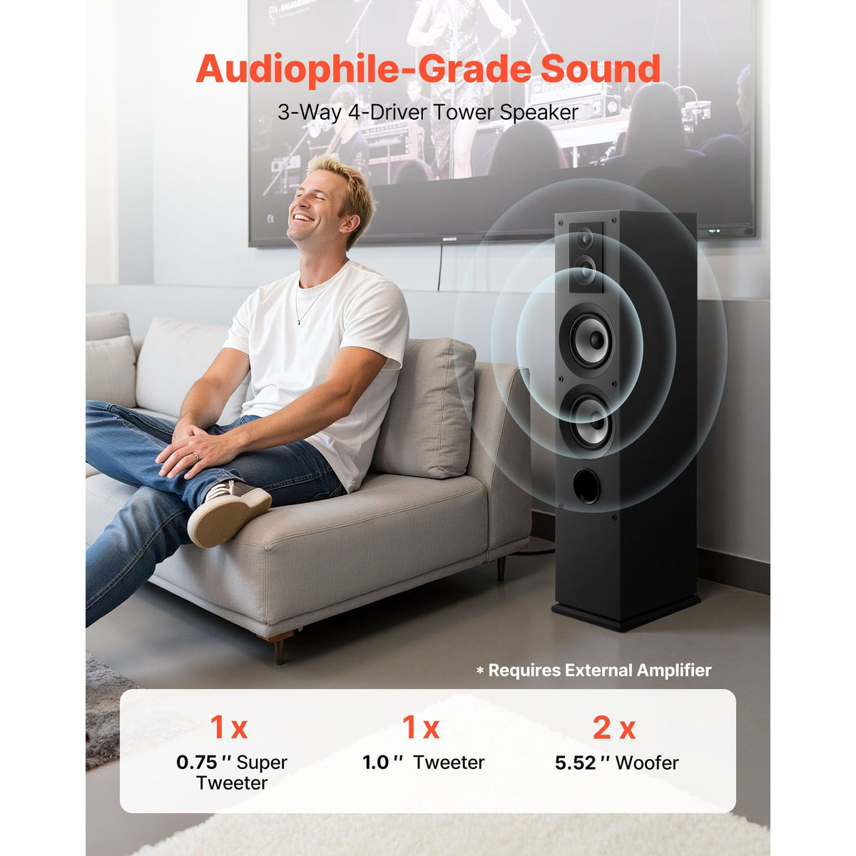 Floorstanding Speakers Pair, 3-Way, Floor-Standing Tower Speakers with 0.75 in & 1 in Tweeter, Dual 5.25 in Woofers, 145W Peak Power, 70Hz–20kHz Frequency Response, MDF Enclosure, for Home Audio