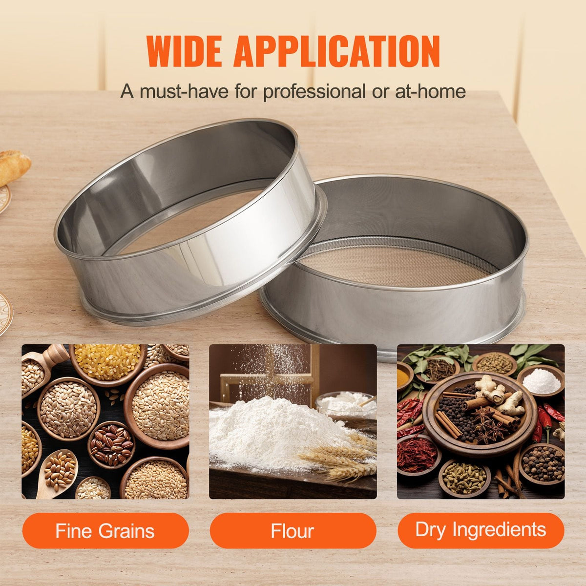 Flour Sieve Fine Mesh, 40 Mesh Flour Sifter, 304 Stainless Steel Fine Mesh Sifter Food-grade, Dia. 12.6" Fine Mesh Strainers for Baking, 5 Sizes Mesh hole for Mungbean, Rice, Flour, Pearl Powder