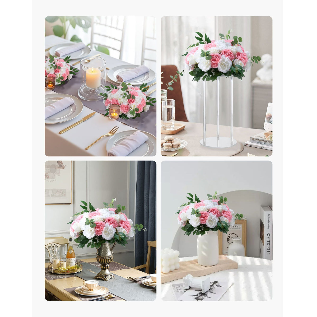 Flower Ball Arrangement Bouquet 10 PCS, 17.7-Inch Diameter Artificial Flower Balls Wedding Table Centerpieces, Rose Arrangements for Wedding Centerpiece Home Decorations, Pink and White Roses