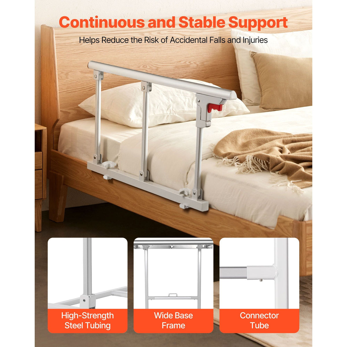 Foldable Bed Rail for Elderly, 28 in Bedside Assist Rail with Fixing Strap, Adjustable Height Pipe Bedside Cane, High-Strength Metal Senior Bed Bar, Hand Guard Grab Fits King, Queen, Full, Twin