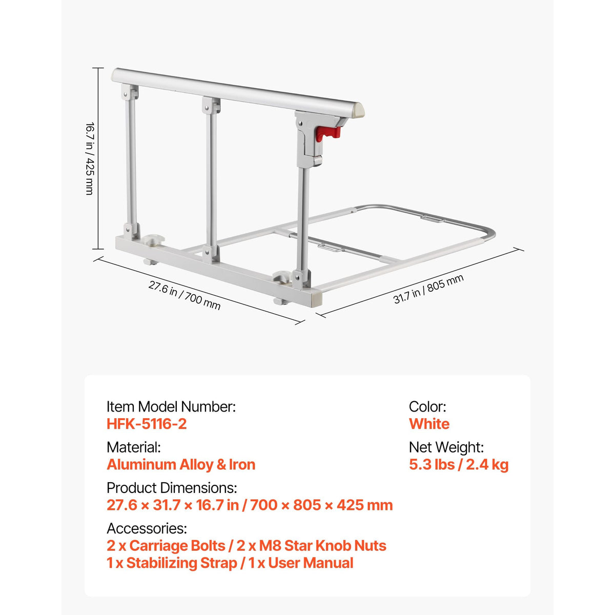 Foldable Bed Rail for Elderly, 28 in Bedside Assist Rail with Fixing Strap, Adjustable Height Pipe Bedside Cane, High-Strength Metal Senior Bed Bar, Hand Guard Grab Fits King, Queen, Full, Twin