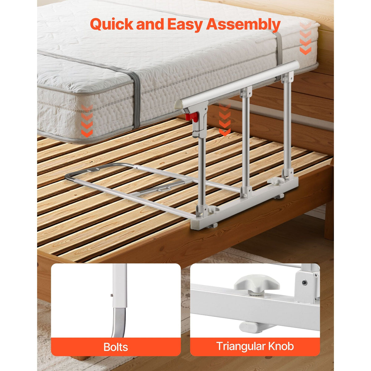 Foldable Bed Rail for Elderly, 28 in Bedside Assist Rail with Fixing Strap, Adjustable Height Pipe Bedside Cane, High-Strength Metal Senior Bed Bar, Hand Guard Grab Fits King, Queen, Full, Twin