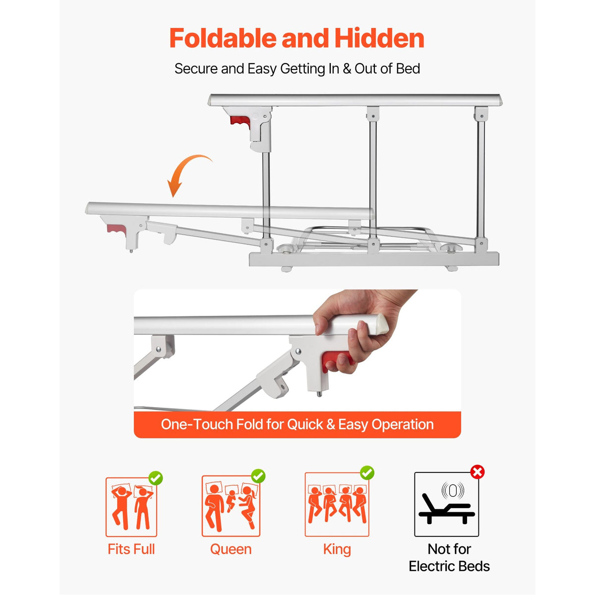Foldable Bed Rail for Elderly, 28 in Bedside Assist Rail with Fixing Strap, Adjustable Height Pipe Bedside Cane, High-Strength Metal Senior Bed Bar, Hand Guard Grab Fits King, Queen, Full, Twin