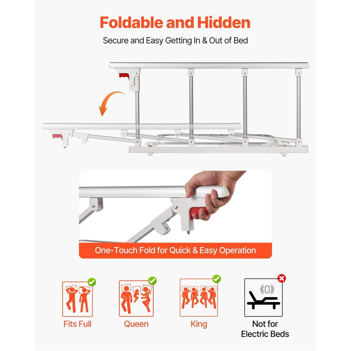 Foldable Bed Rail for Elderly, 38 in Bedside Assist Rail with Fixing Strap, Adjustable Height Pipe Bedside Cane, High-Strength Metal Senior Bed Bar, Hand Guard Grab Fits King, Queen, Full, Twin