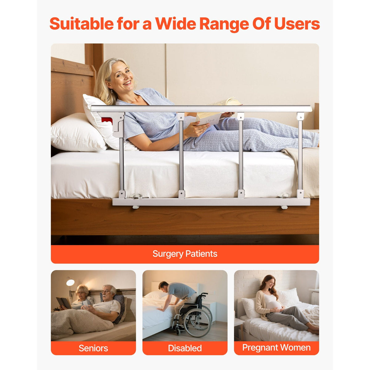 Foldable Bed Rail for Elderly, 38 in Bedside Assist Rail with Fixing Strap, Adjustable Height Pipe Bedside Cane, High-Strength Metal Senior Bed Bar, Hand Guard Grab Fits King, Queen, Full, Twin