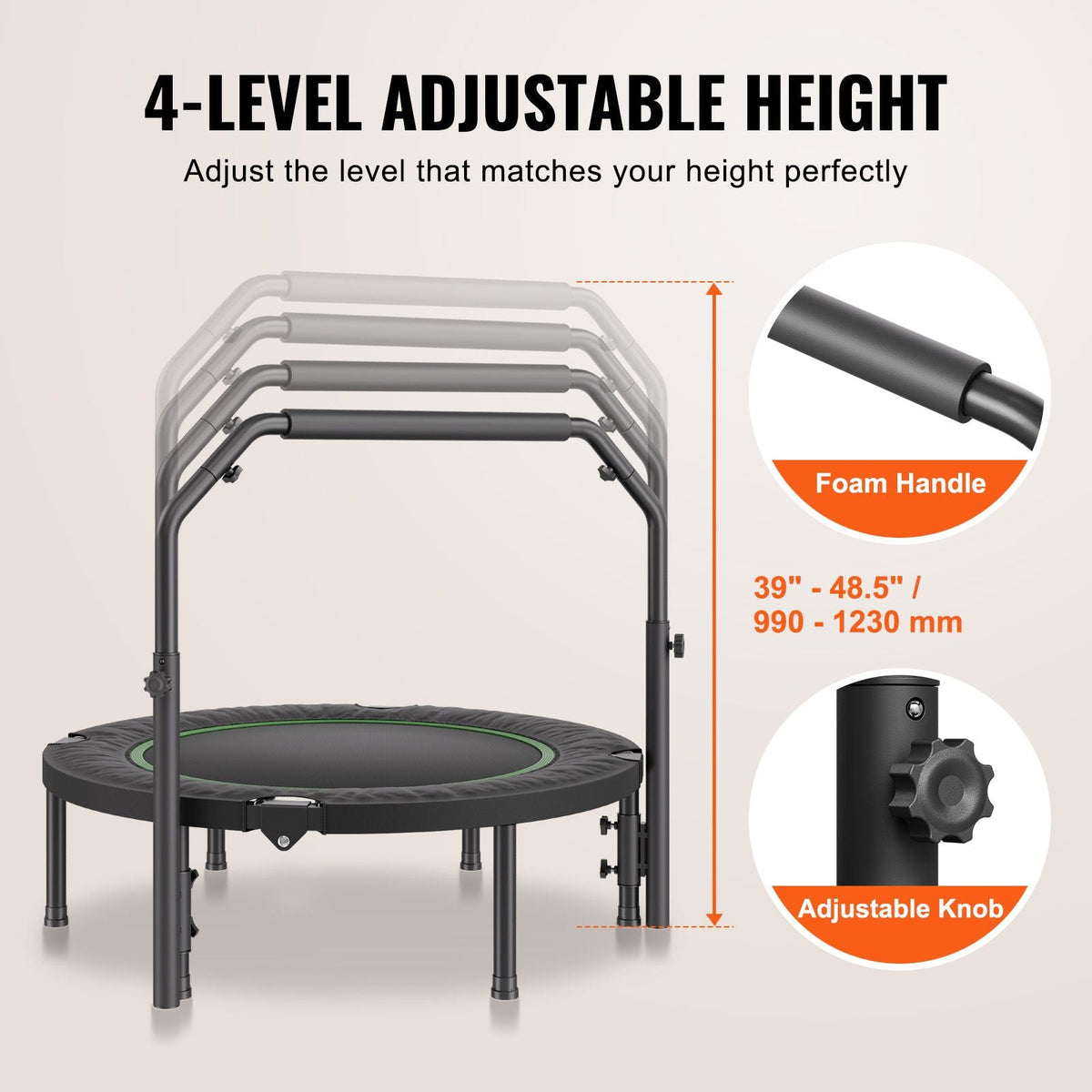 Foldable Mini Trampoline, 40 Inch Fitness Rebounder, Max Load 330lbs Exercise Trampoline, Stable & Quiet Trampoline with 4 Level Height Adjustable Foam Handle, for Adults Indoor/Garden Workout