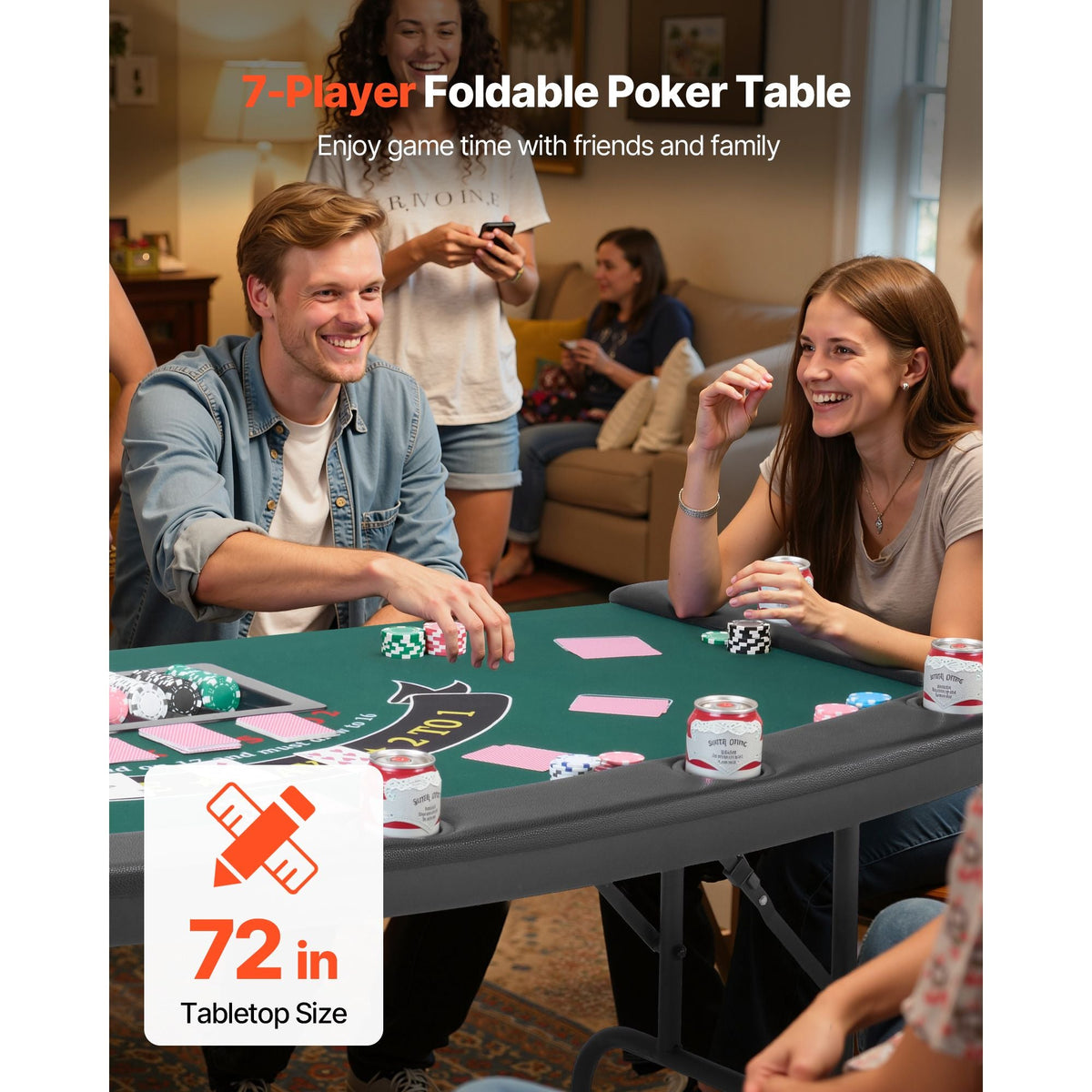 Foldable Poker Table, 7 Player 72 in Folding Casino Leisure Table with Padded Rails & Cup Holders, Semi-oval Portable Game Tables with Felt & Metal Legs, for Texas Hold'em Game and Blackjack