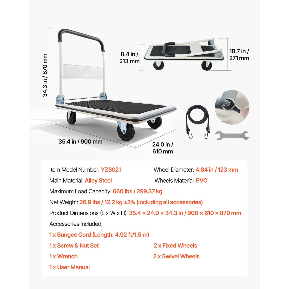 Foldable Push Cart Dolly, 660 lbs Load Capacity, Folding Platform Truck with Swivel Wheels, Moving Platform Hand Truck Flatbed Cart, Space Saving Push Handle, for Easy Storage, 35.4x34.3x24in