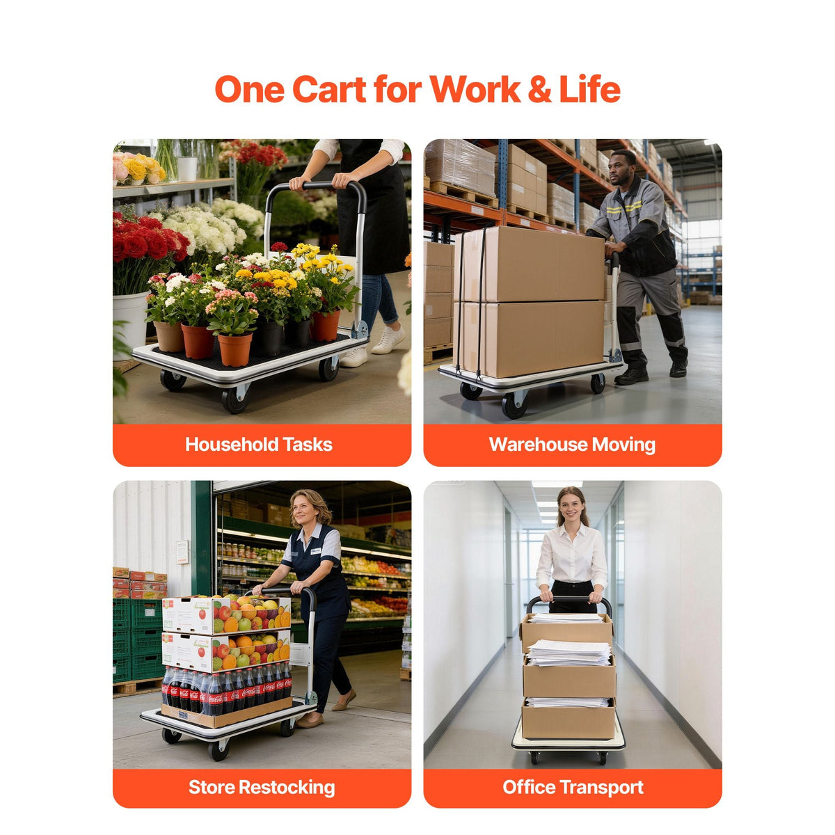Foldable Push Cart Dolly, 660 lbs Load Capacity, Folding Platform Truck with Swivel Wheels, Moving Platform Hand Truck Flatbed Cart, Space Saving Push Handle, for Easy Storage, 35.4x34.3x24in