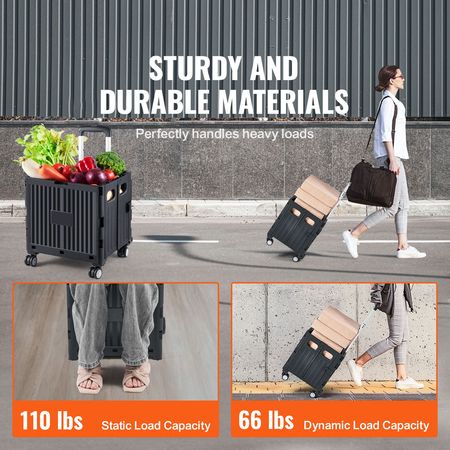 Foldable Utility Cart, 110 lbs Load Capacity, Folding Portable Rolling Crate Handcart with Heavy Duty Telescoping Handle and 4 Rotate Wheels for Travel Shopping Moving Luggage Office Use, Black