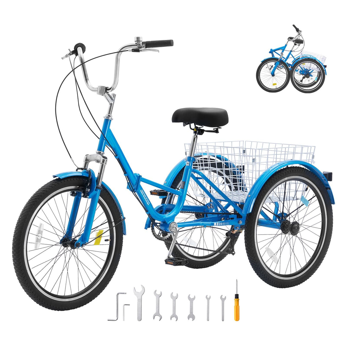 Folding Adult Tricycle, 24-Inch 7-Speed Adult Folding Trikes, Carbon Steel 3 Wheel Cruiser Bike with Basket & Adjustable Seat, Shopping Picnic Foldable Tricycles for Women, Men, Seniors (Blue)