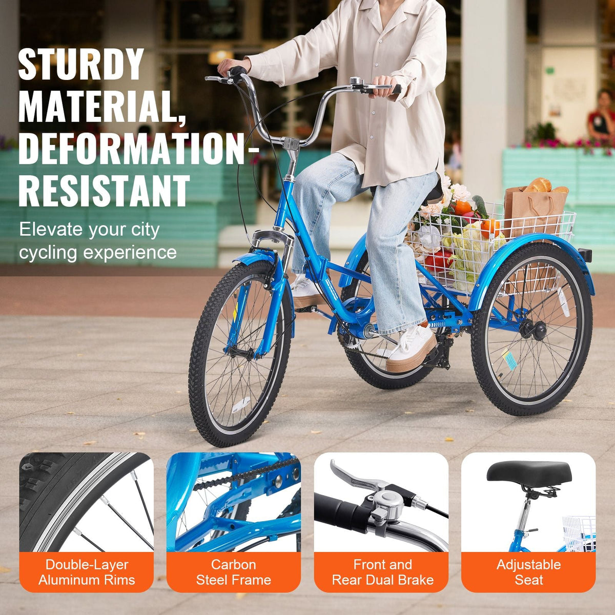 Folding Adult Tricycle, 24-Inch 7-Speed Adult Folding Trikes, Carbon Steel 3 Wheel Cruiser Bike with Basket & Adjustable Seat, Shopping Picnic Foldable Tricycles for Women, Men, Seniors (Blue)