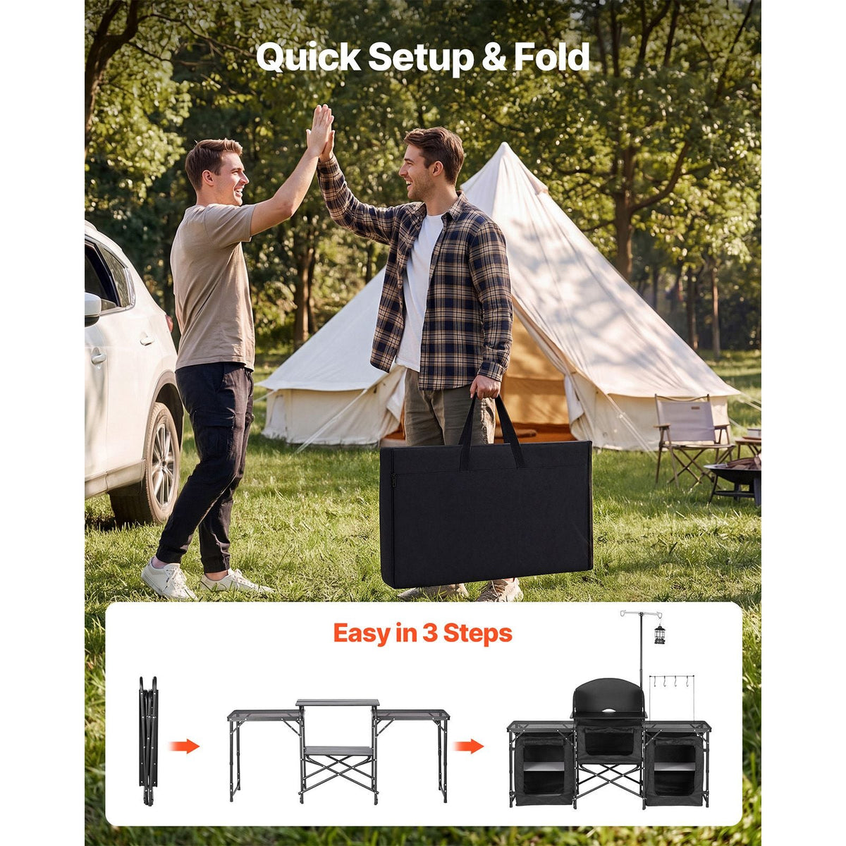 Folding Camping Table, Outdoor Portable Table, Quick Set-up Kitchen Cook Station, with Storage Organizer, Telescoping Legs, a Detachable Windscreen, Carrying Bag, for Picnic BBQ RV Traveling