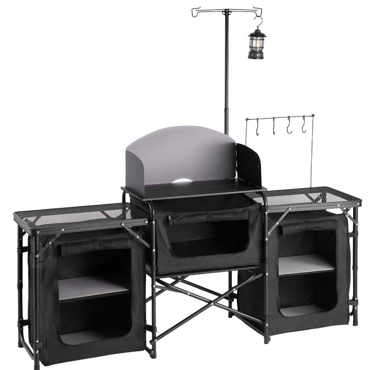 Folding Camping Table, Outdoor Portable Table, Quick Set-up Kitchen Cook Station, with Storage Organizer, Telescoping Legs, a Detachable Windscreen, Carrying Bag, for Picnic BBQ RV Traveling