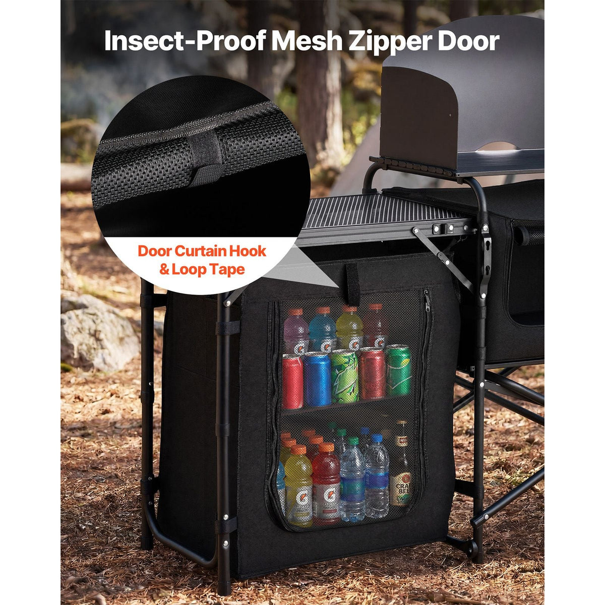 Folding Camping Table, Outdoor Portable Table, Quick Set-up Kitchen Cook Station, with Storage Organizer, Telescoping Legs, a Detachable Windscreen, Carrying Bag, for Picnic BBQ RV Traveling