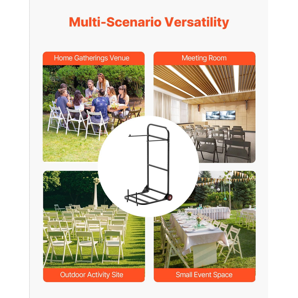 Folding Chair Rack, 100 LBS Capacity, Heavy-duty Chair Cart for Hanging 10 Chairs, Multi-Function Metal Chair Storage Dolly with Rubber Wheels, Push-Style Chair Holder, Matte Black