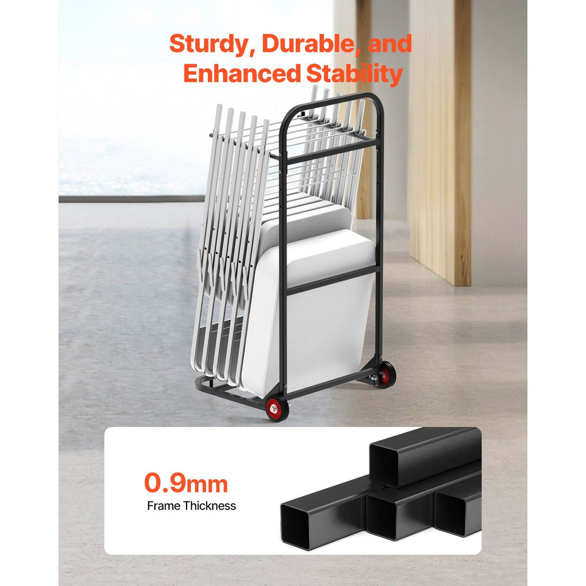 Folding Chair Rack, 100 LBS Capacity, Heavy-duty Chair Cart for Hanging 10 Chairs, Multi-Function Metal Chair Storage Dolly with Rubber Wheels, Push-Style Chair Holder, Matte Black