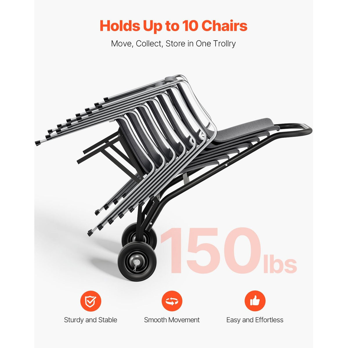 Folding Chair Rack, 150 LBS Capacity, Heavy-duty Chair Cart for Stacking 10 Chairs, Multi-Function Metal Chair Storage Dolly with Rubber Wheels, Push-Style Chair Holder, Matte Black