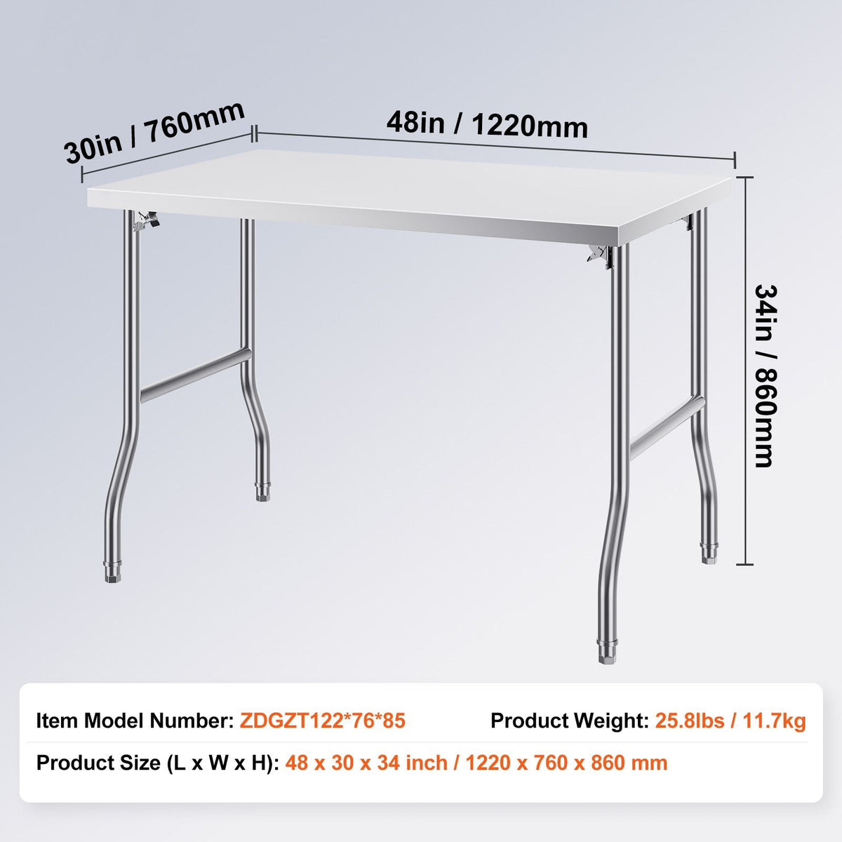 Folding Commercial Prep Table, 48 x 30 Inch Commercial Worktable Workstation, Heavy-duty Stainless Steel Folding Table with 300 lbs Load, Kitchen Work Table, for Home Kitchen Restaurant Garage