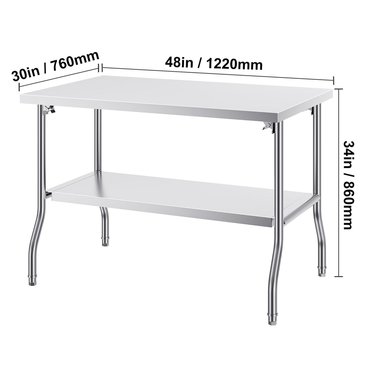 Folding Commercial Prep Table, 48 x 30 Inch Commercial Worktable Workstation with Undershelf, Heavy-duty Stainless Steel Folding Table with 300 lbs Load, for Home Kitchen Restaurant Garage