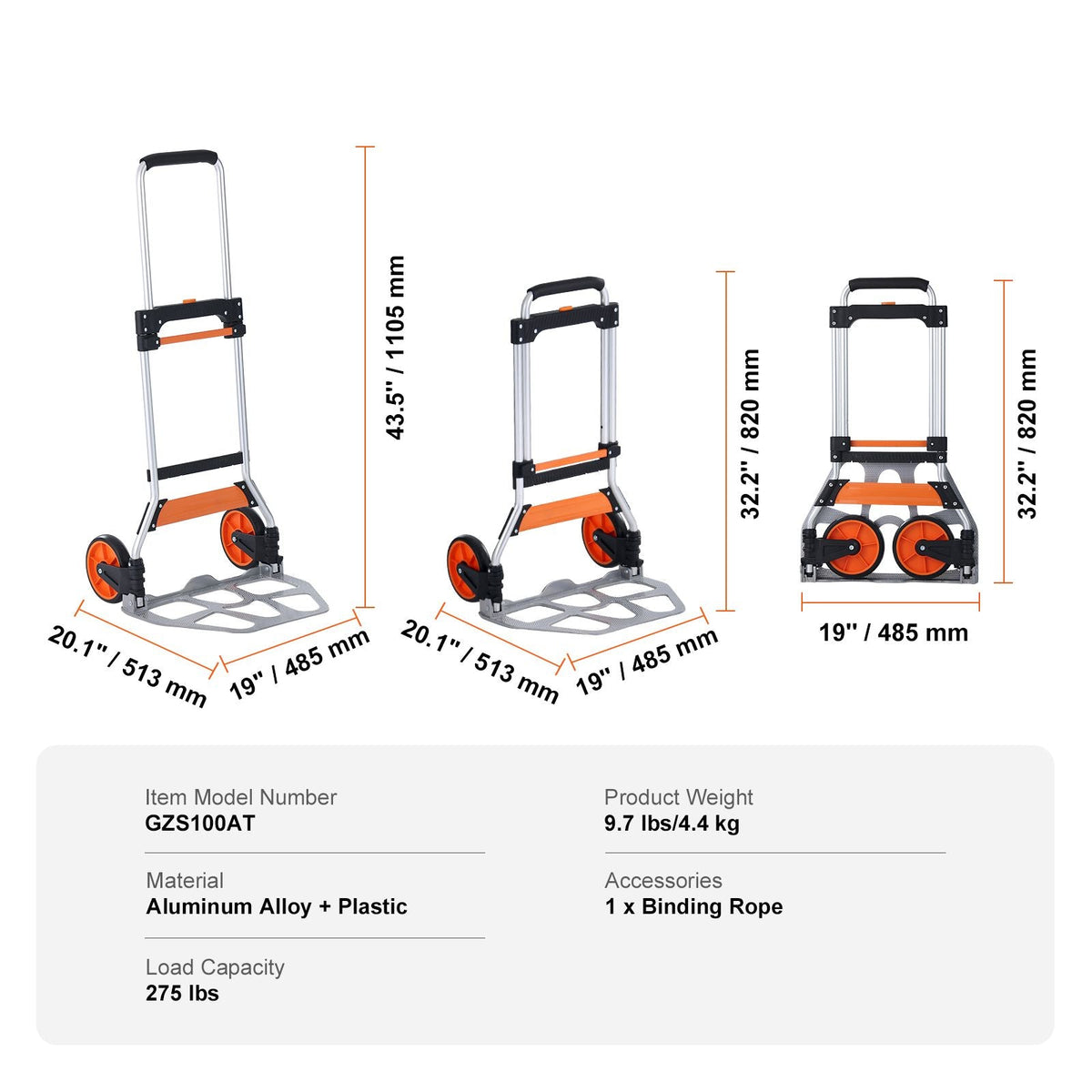Folding Hand Truck, 275 lbs Load Capacity, Aluminum Portable Cart, Convertible Hand Truck and Dolly with Telescoping Handle and PP+TPR Wheels, Ultra Lightweight Super Strong for Moving Warehouse