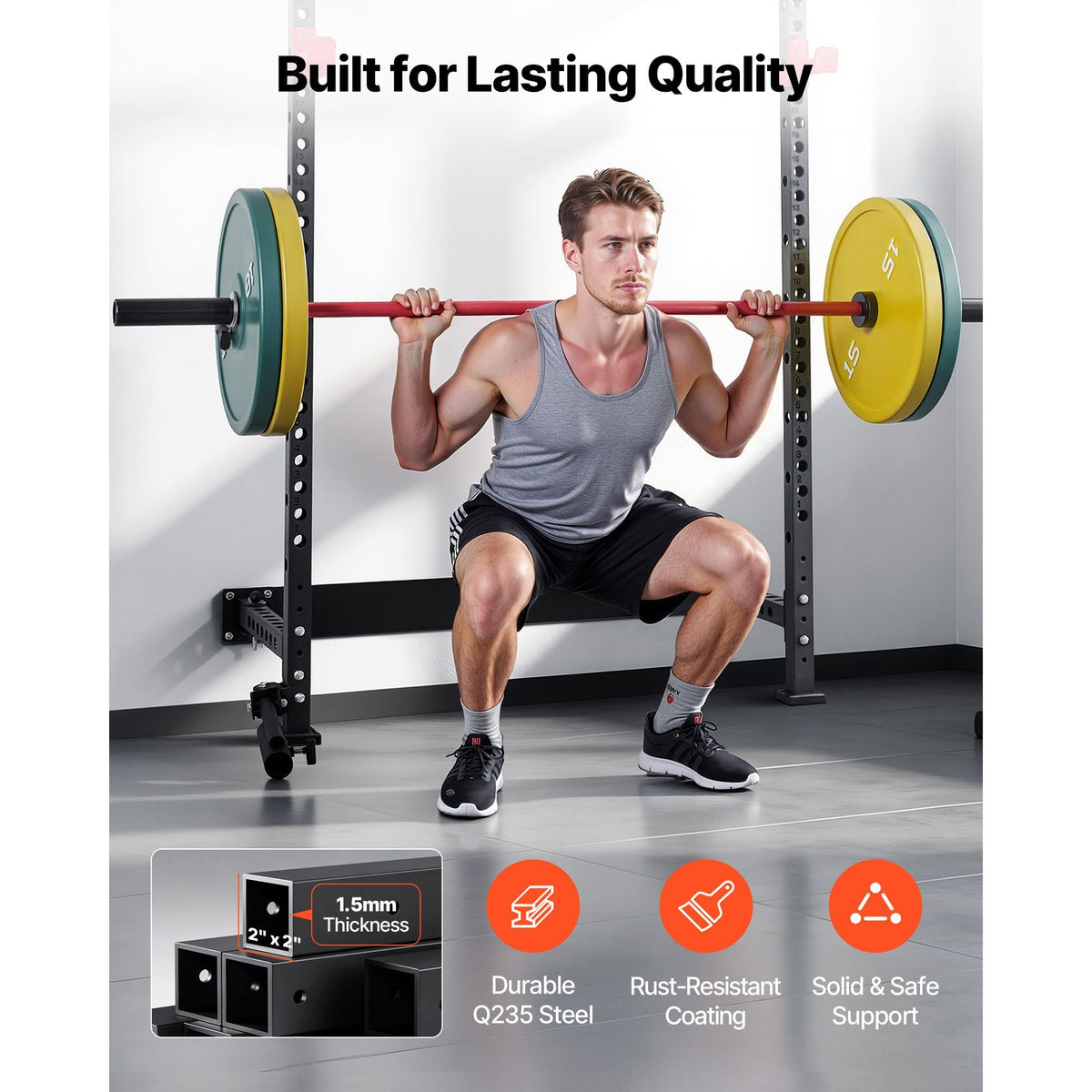 Folding Power Cage, Wall-Mounted Power Rack Squat Rack, Multifunctional Strength Training Workout Equipment with Landmine Holder, Adjustable J-Hooks & Pull-Up Bar for Home Gym, 1000LBS Capacity
