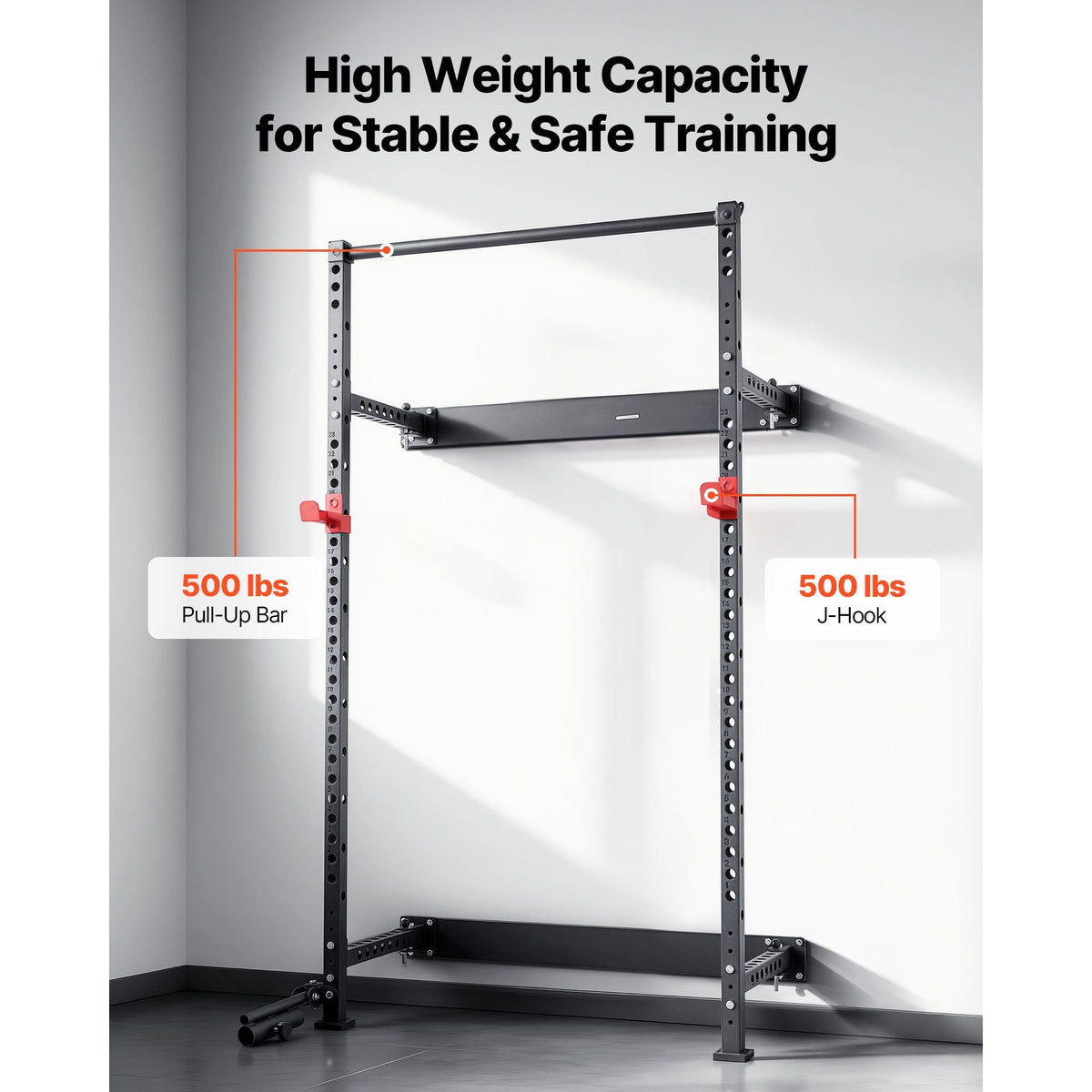 Folding Power Cage, Wall-Mounted Power Rack Squat Rack, Multifunctional Strength Training Workout Equipment with Landmine Holder, Adjustable J-Hooks & Pull-Up Bar for Home Gym, 1000LBS Capacity