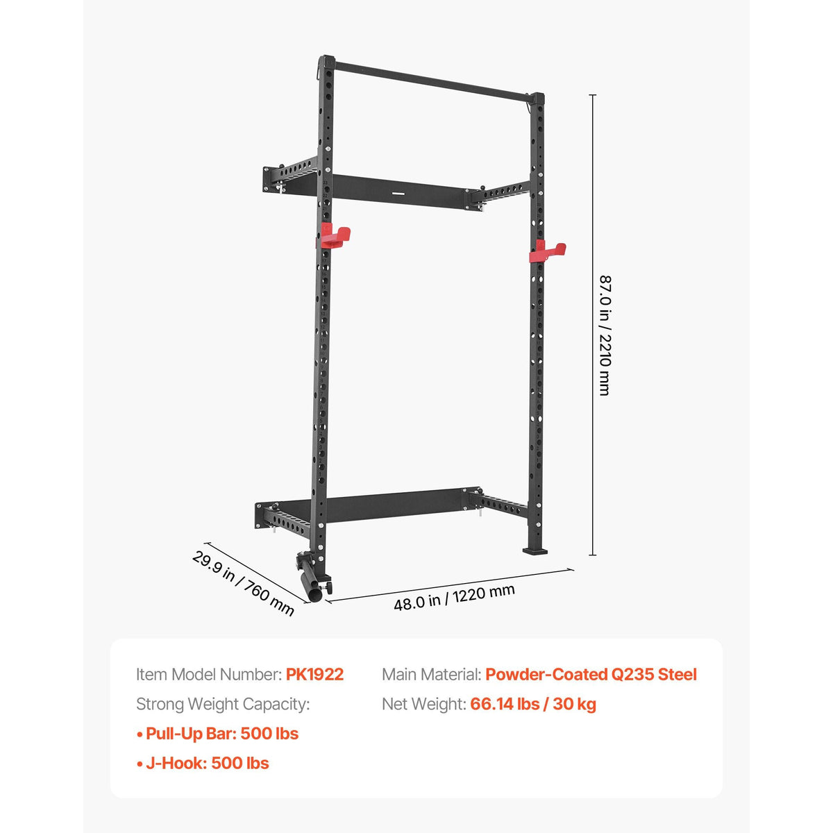 Folding Power Cage, Wall-Mounted Power Rack Squat Rack, Multifunctional Strength Training Workout Equipment with Landmine Holder, Adjustable J-Hooks & Pull-Up Bar for Home Gym, 1000LBS Capacity