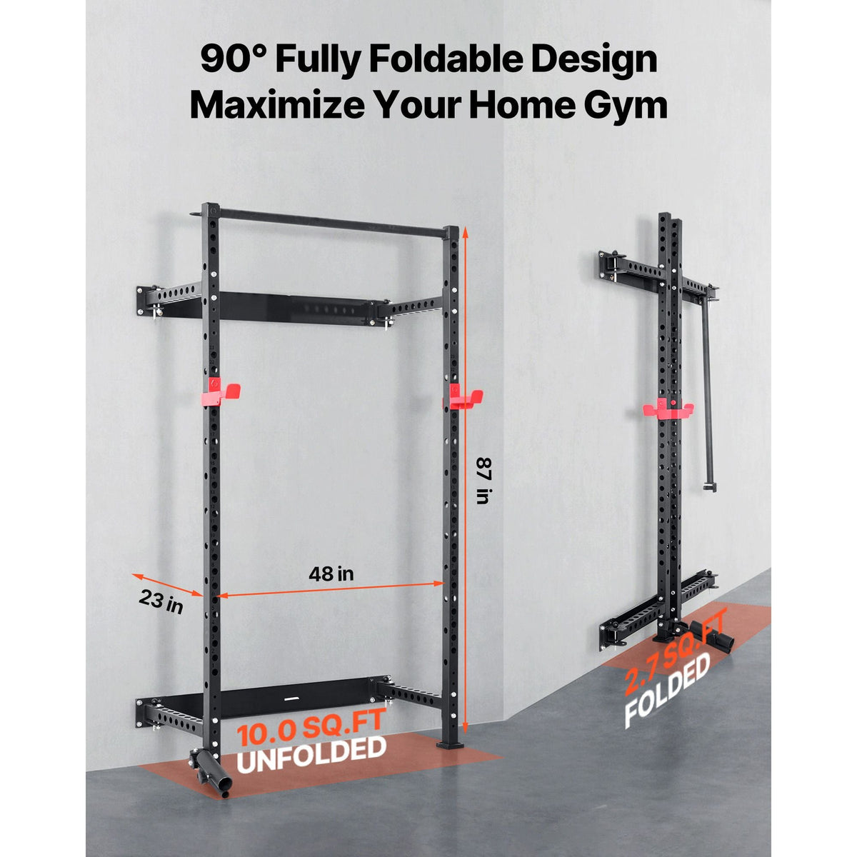 Folding Power Cage, Wall-Mounted Power Rack Squat Rack, Multifunctional Strength Training Workout Equipment with Landmine Holder, Adjustable J-Hooks & Pull-Up Bar for Home Gym, 1000LBS Capacity