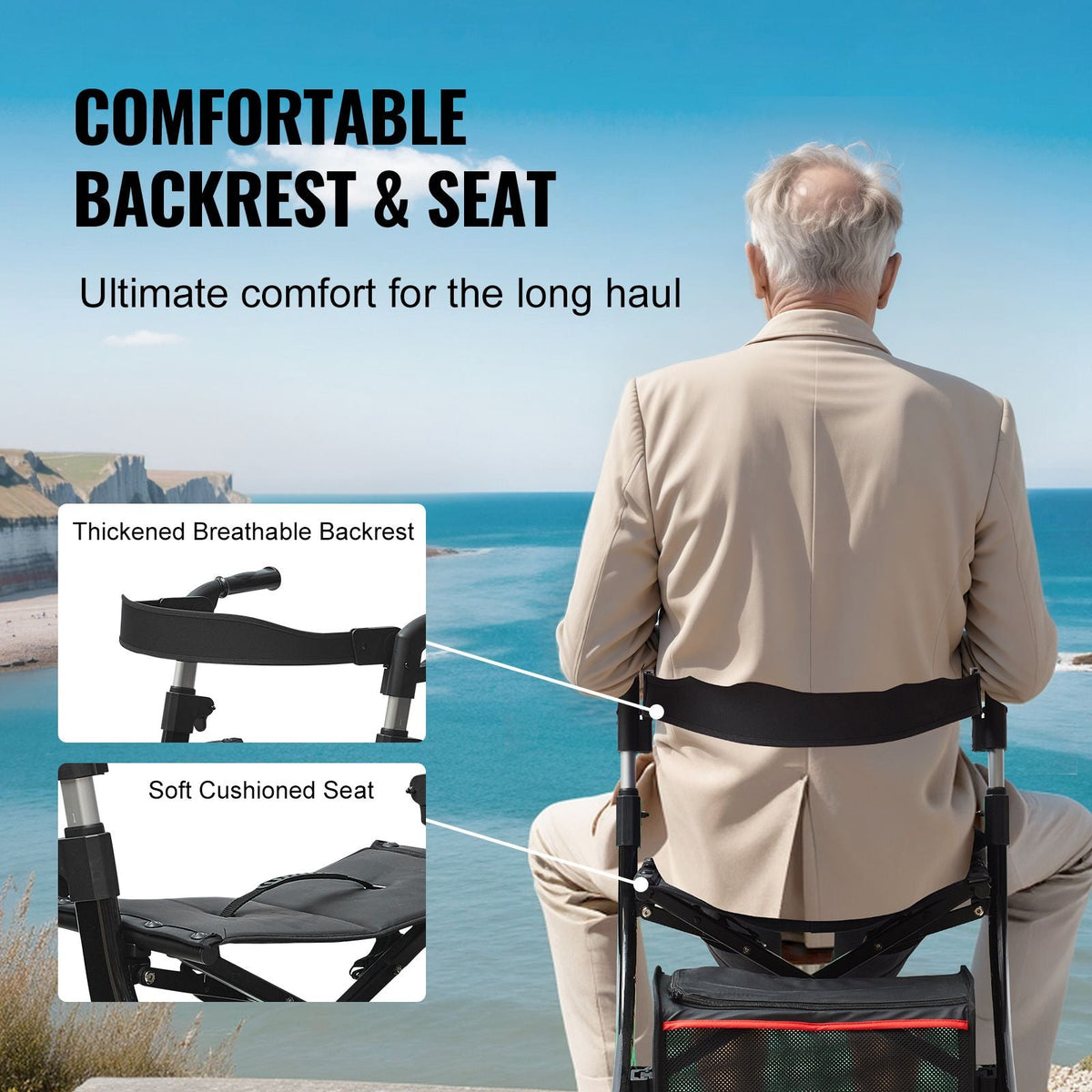Folding Rollator Walker for Seniors and Adults, Lightweight Aluminum Rolling Walker with Seat and Adjustable Handle, 4-Wheel Outdoor Mobility Walker with Spacious Storage Bag, 300LBS Capacity