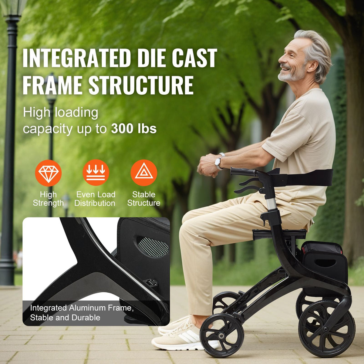 Folding Rollator Walker for Seniors and Adults, Lightweight Aluminum Rolling Walker with Seat and Adjustable Handle, 4-Wheel Outdoor Mobility Walker with Spacious Storage Bag, 300LBS Capacity