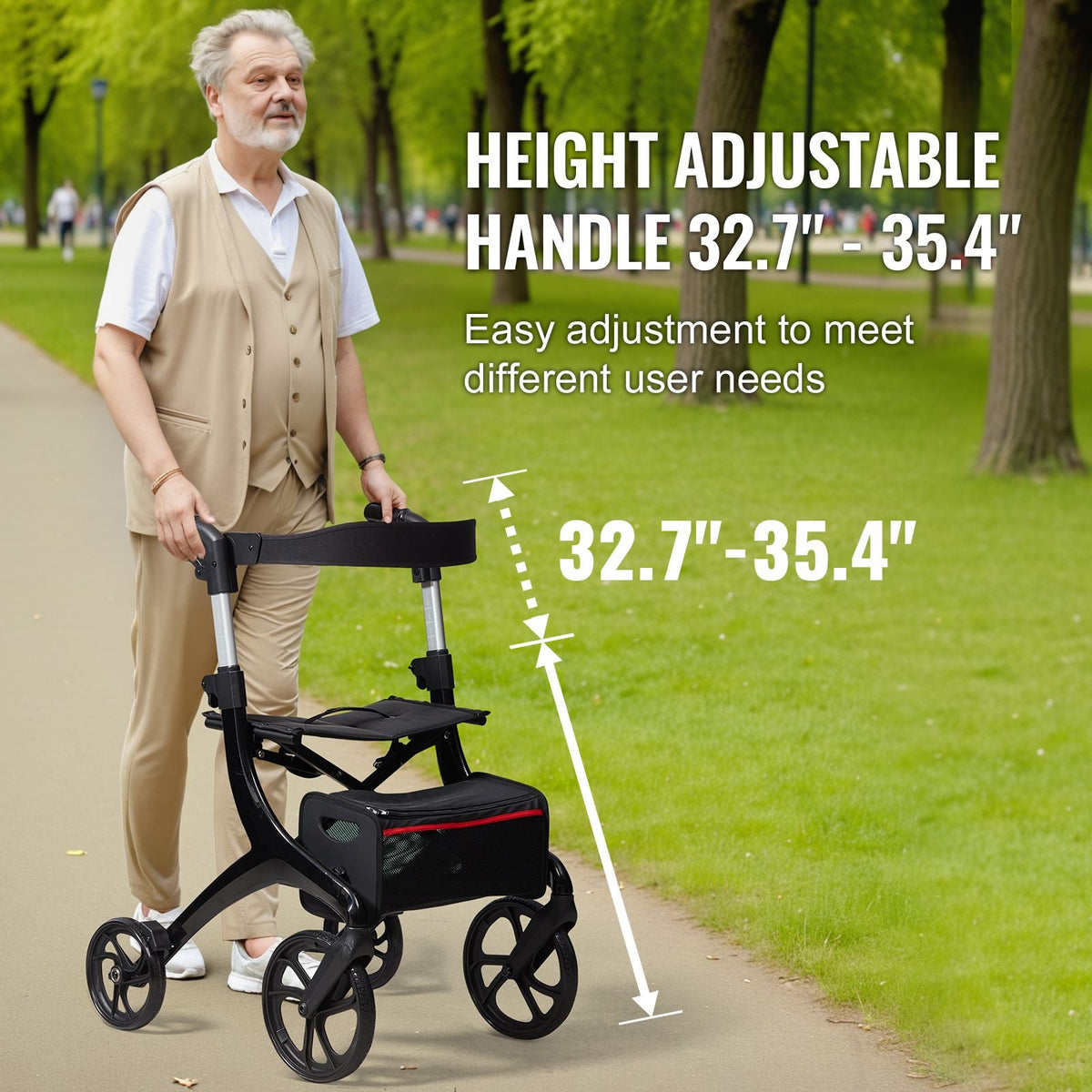 Folding Rollator Walker for Seniors and Adults, Lightweight Aluminum Rolling Walker with Seat and Adjustable Handle, 4-Wheel Outdoor Mobility Walker with Spacious Storage Bag, 300LBS Capacity