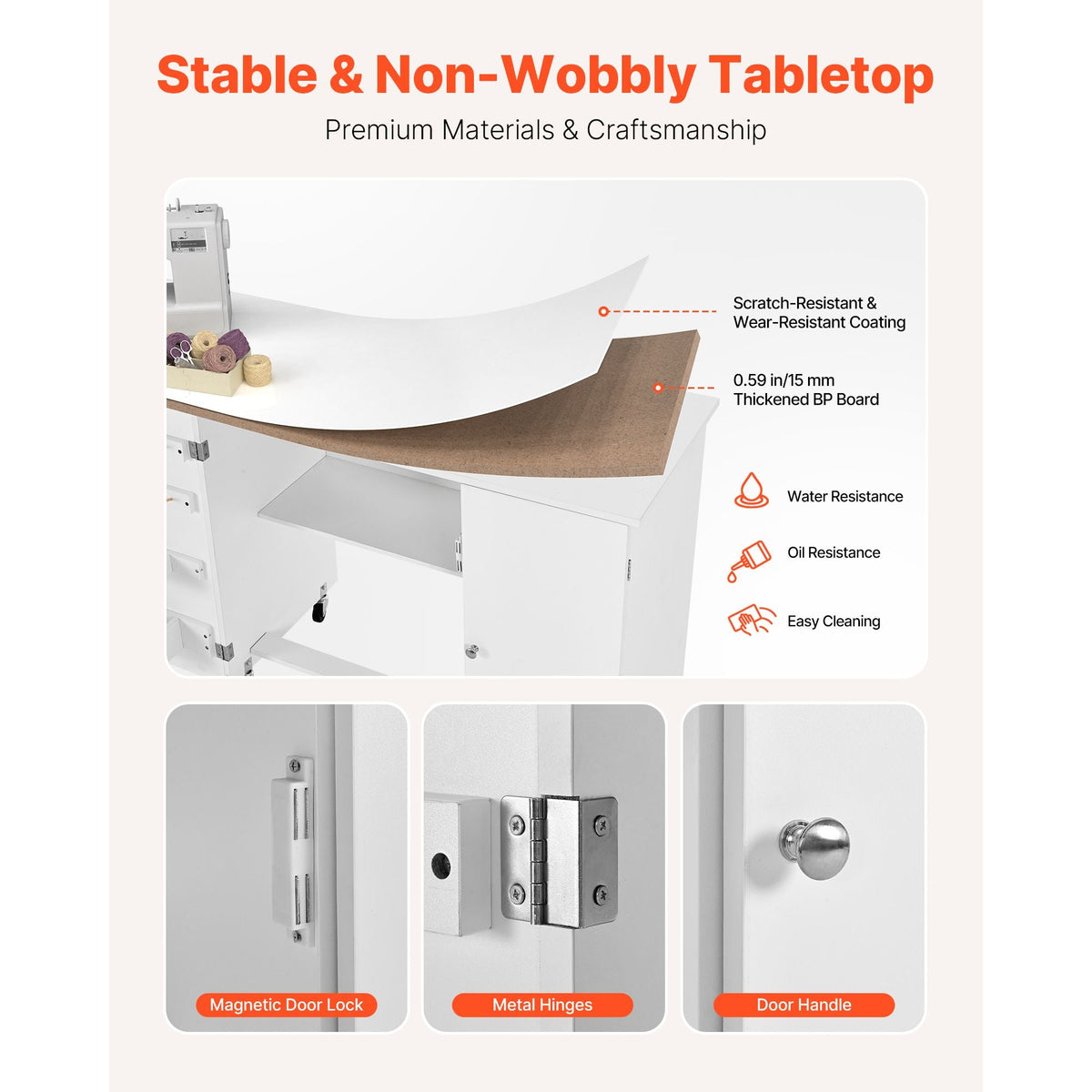 Folding Sewing Table, Multipurpose Sewing Machine Table with Cabinet, Compact Design, Wheels, Wooden Pegs, Storage Trays and Shelf, Magnetic Door, Craft Station and Side Desk for Home, White