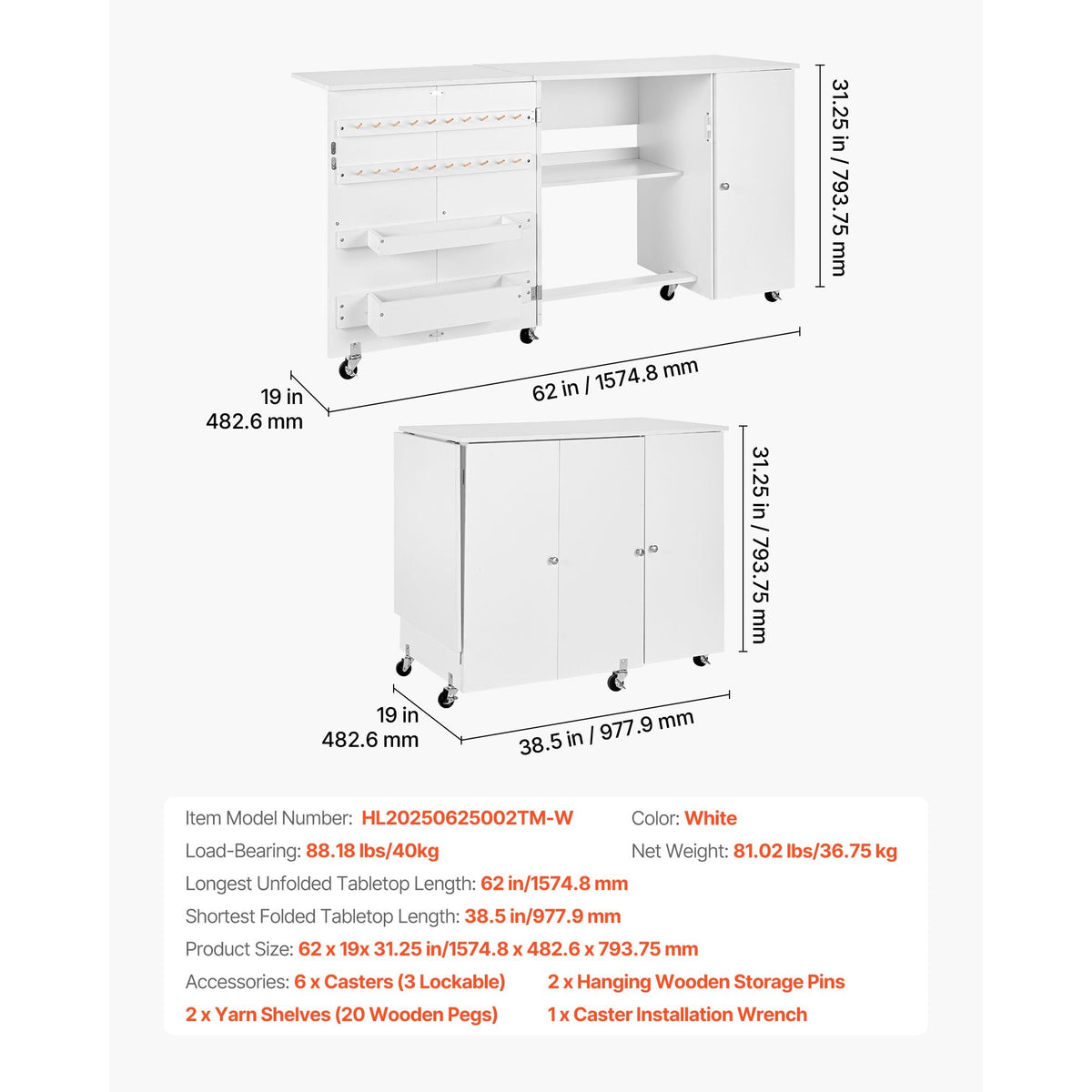 Folding Sewing Table, Multipurpose Sewing Machine Table with Cabinet, Compact Design, Wheels, Wooden Pegs, Storage Trays and Shelf, Magnetic Door, Craft Station and Side Desk for Home, White