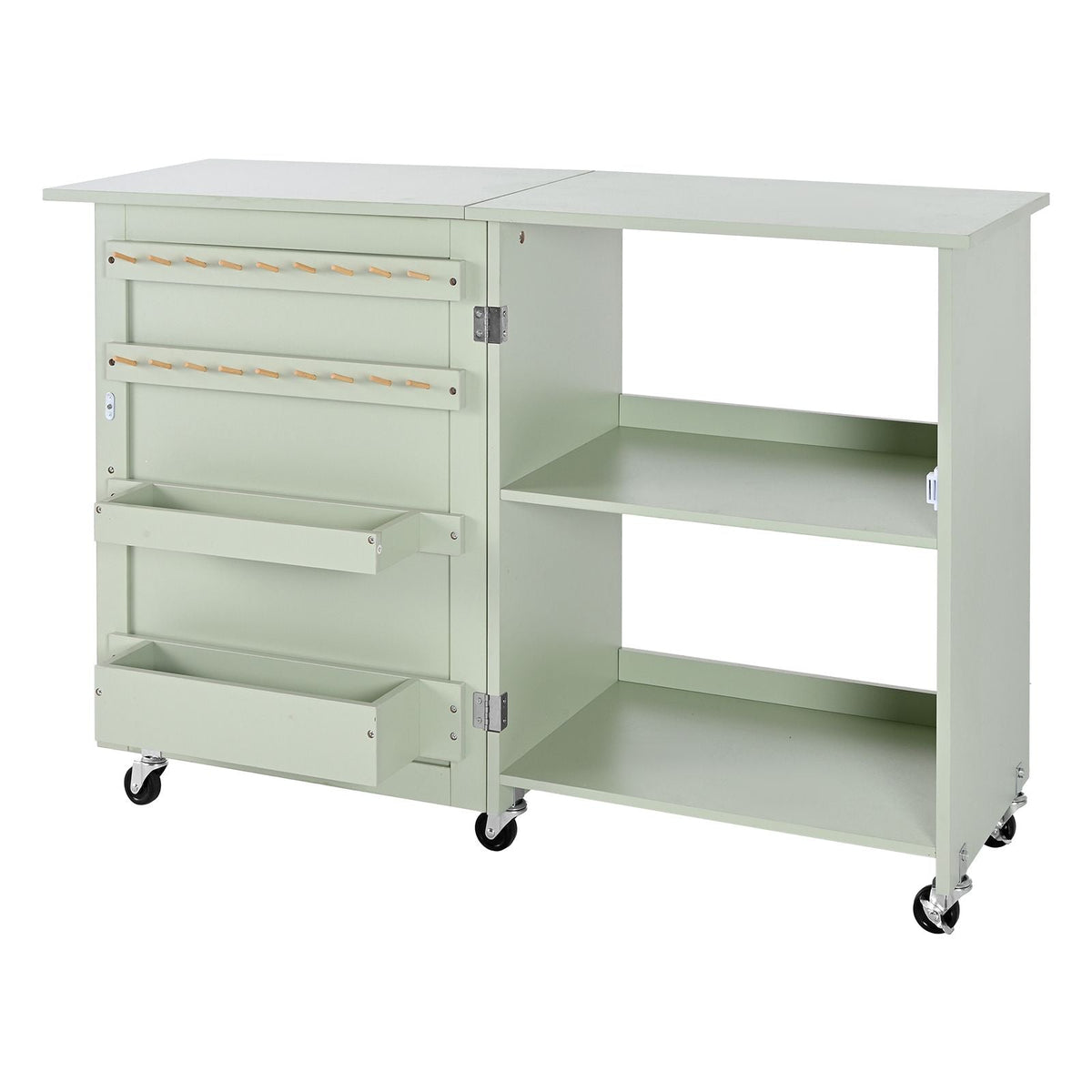 Folding Sewing Table, Multipurpose Sewing Machine Table with Compact Design, Wheels, Wooden Pegs, Storage Trays and Shelf, Magnetic Door Lock, Craft Station and Side Desk for Home, Light Green
