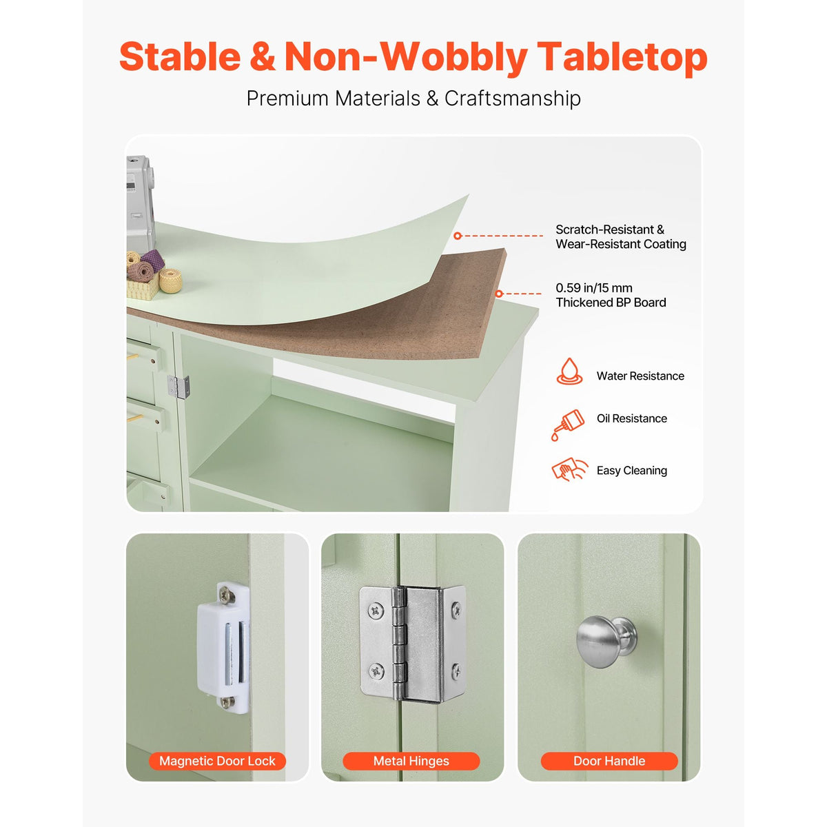 Folding Sewing Table, Multipurpose Sewing Machine Table with Compact Design, Wheels, Wooden Pegs, Storage Trays and Shelf, Magnetic Door Lock, Craft Station and Side Desk for Home, Light Green