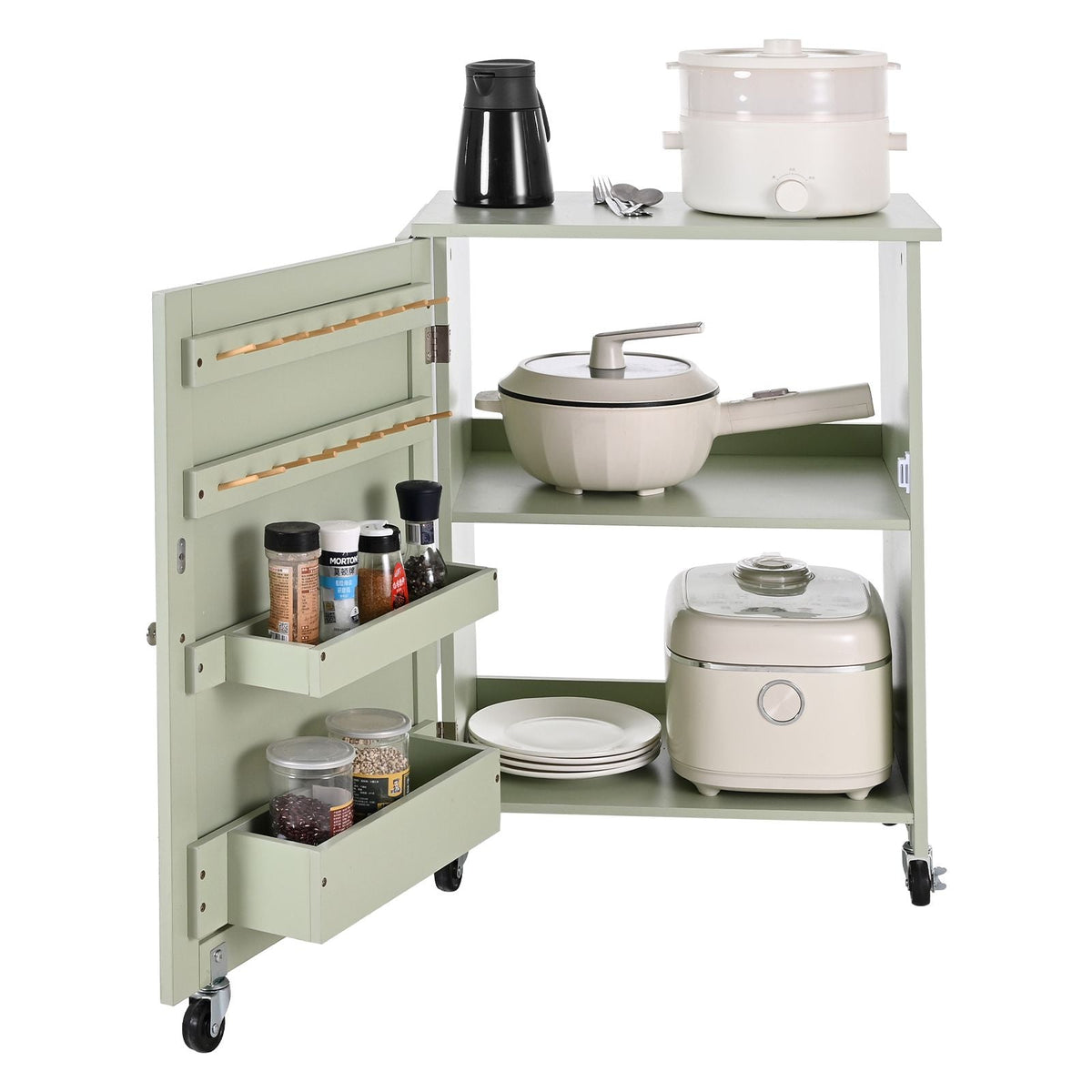 Folding Sewing Table, Multipurpose Sewing Machine Table with Compact Design, Wheels, Wooden Pegs, Storage Trays and Shelf, Magnetic Door Lock, Craft Station and Side Desk for Home, Light Green